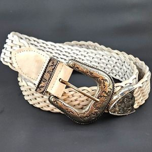 Vintage Omega 34in Woven Leather Belt White